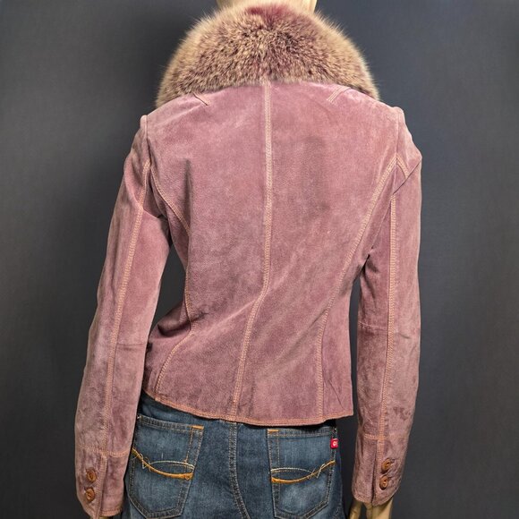 Y2K Suede Fitted Jacket Fox Fur Collar Size S Dusty Mauve Boho Glam Fall Autumn - Picture 10 of 16